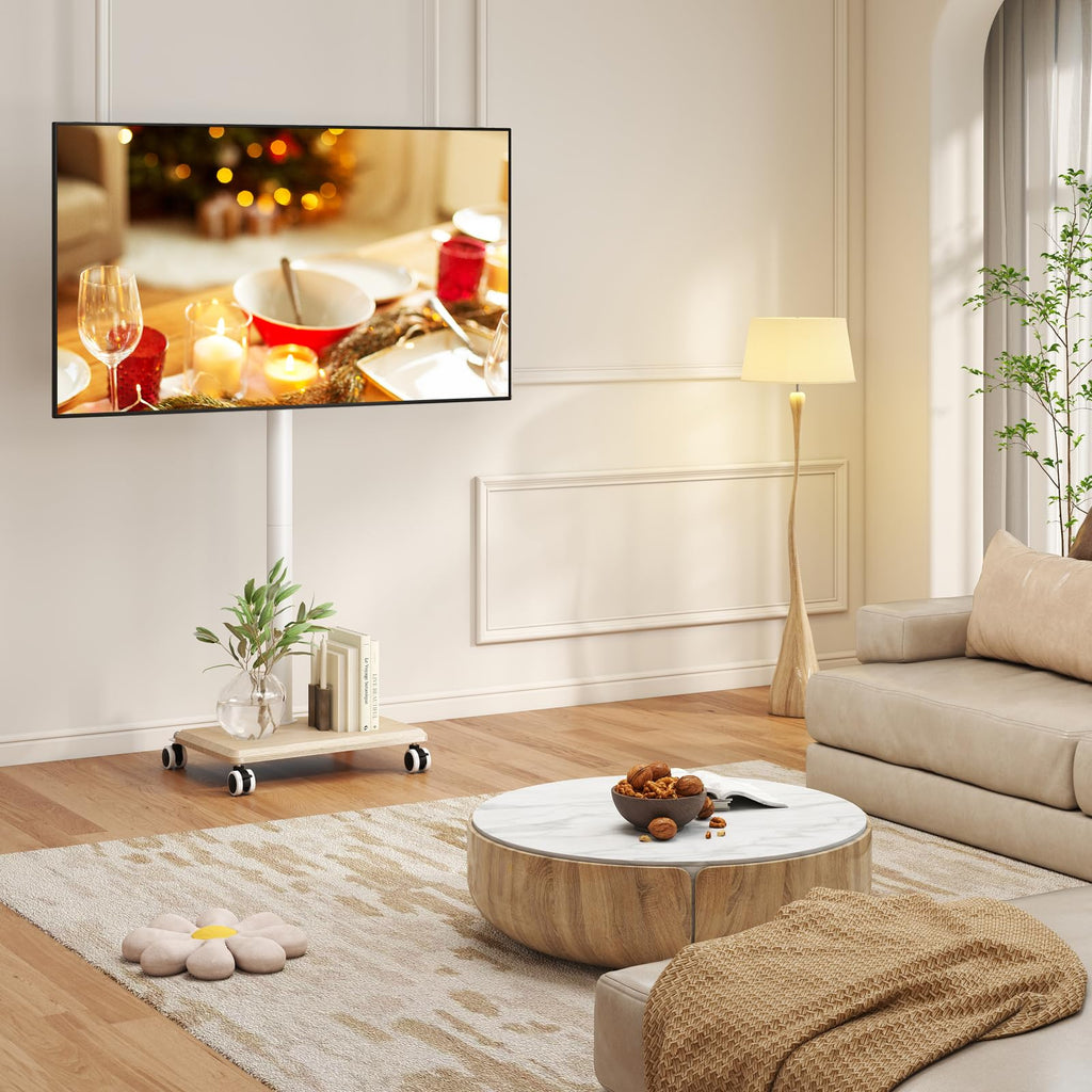 Rolling TV Stand for 32 to 60 Inch TV White Wood Base Z2430