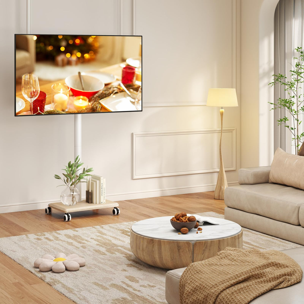 Rolling TV Stand for 32 to 60 Inch TV White Wood Base Z2430