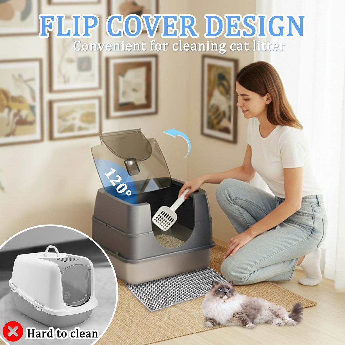 Stainless Steel Enclosed Cat Litter Box with Scoop & Mat X9285