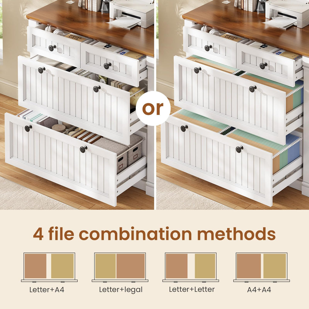White Brown 4 Drawer Wood File Cabinet with Power Outlets D488