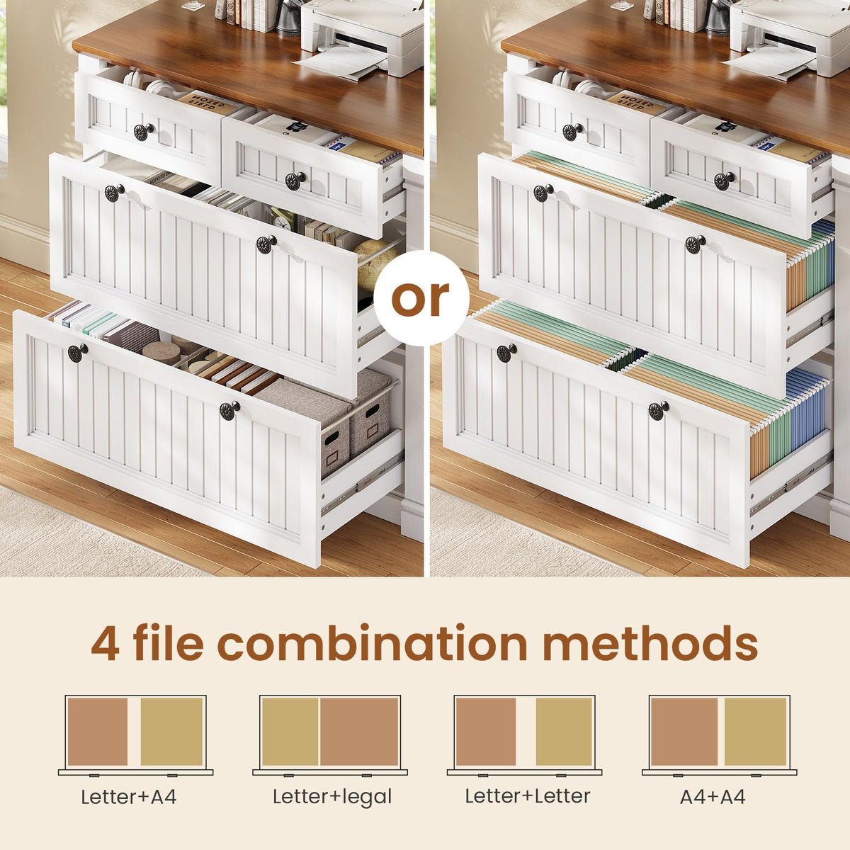 White Brown 4 Drawer Wood File Cabinet with Power Outlets D488