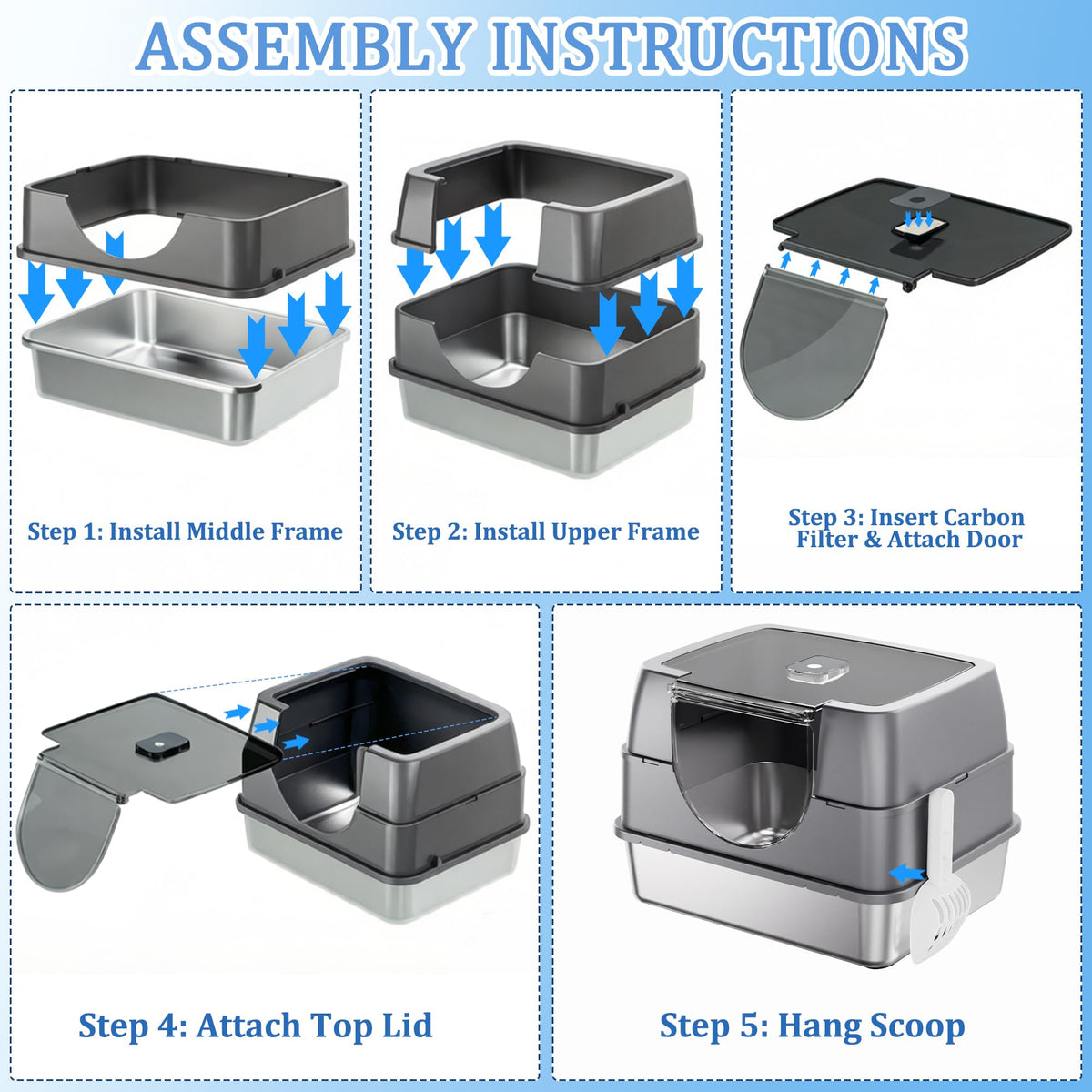 Stainless Steel Enclosed Cat Litter Box with Scoop & Mat X9285