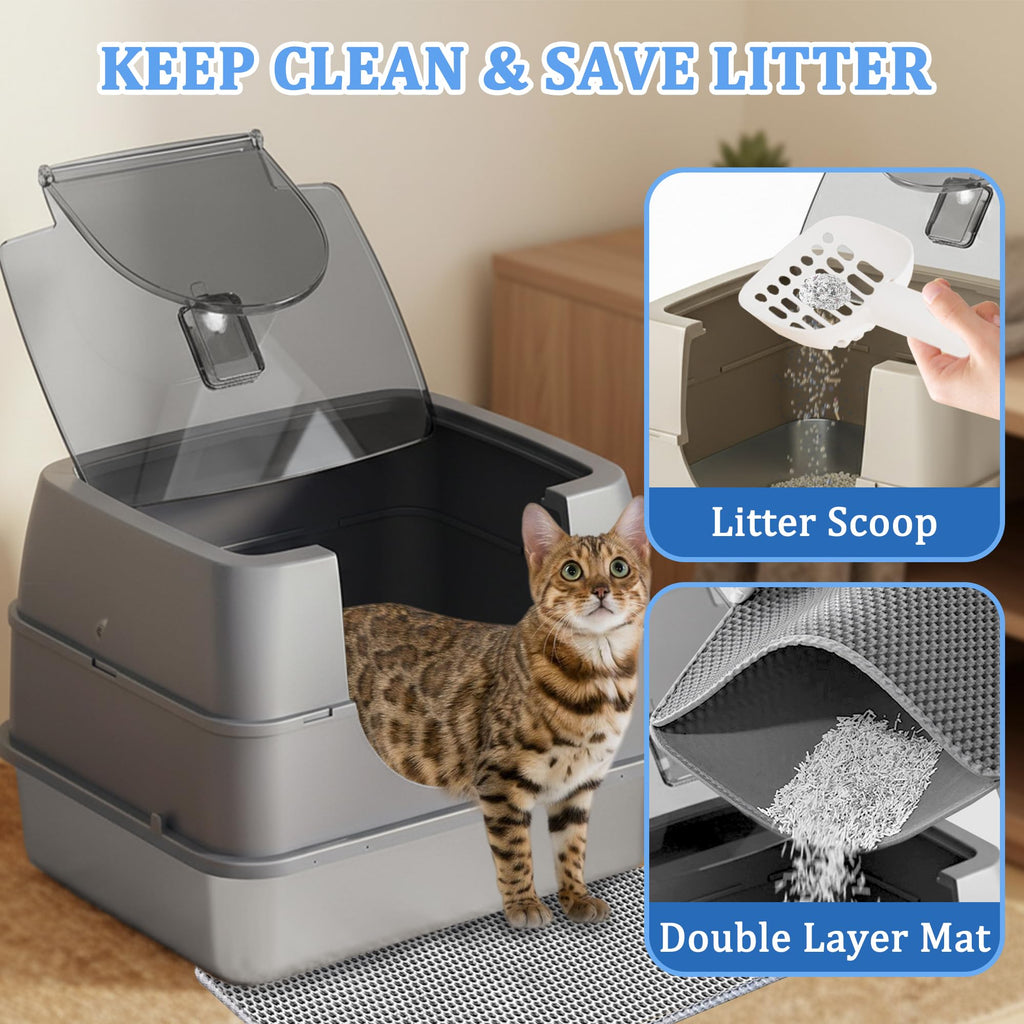 Stainless Steel Enclosed Cat Litter Box with Scoop & Mat X9285