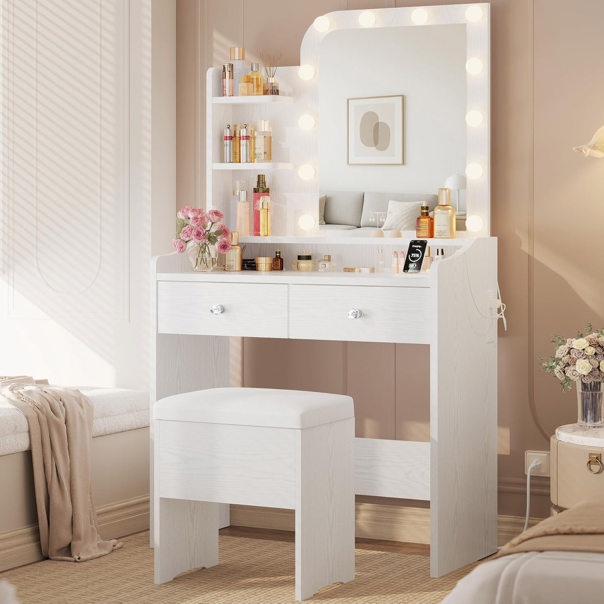 White Vanity Desk with Mirror Lights and Storage Stool D73318