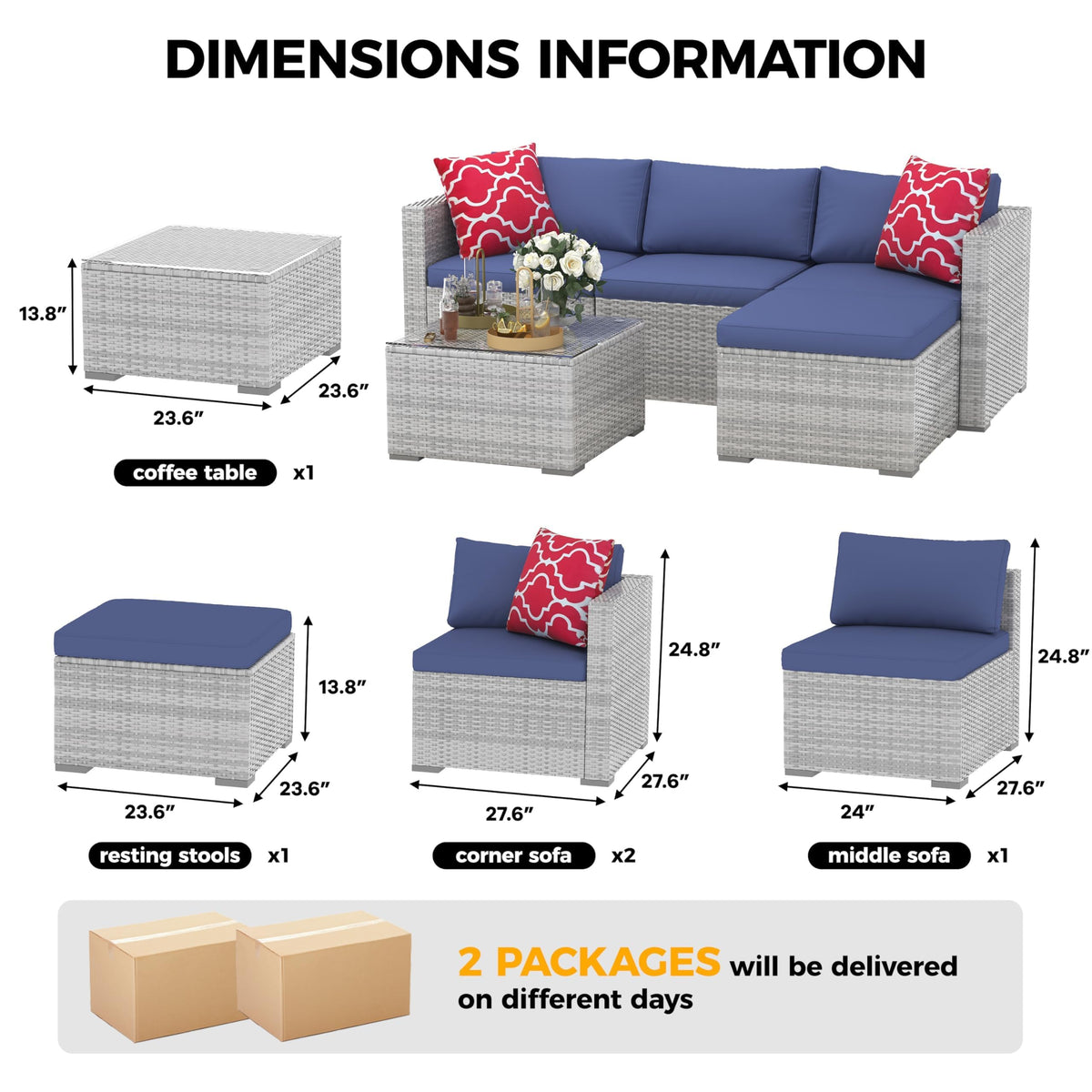 5-Piece Wicker Patio Furniture Set with Cushions & Coffee Table V45870