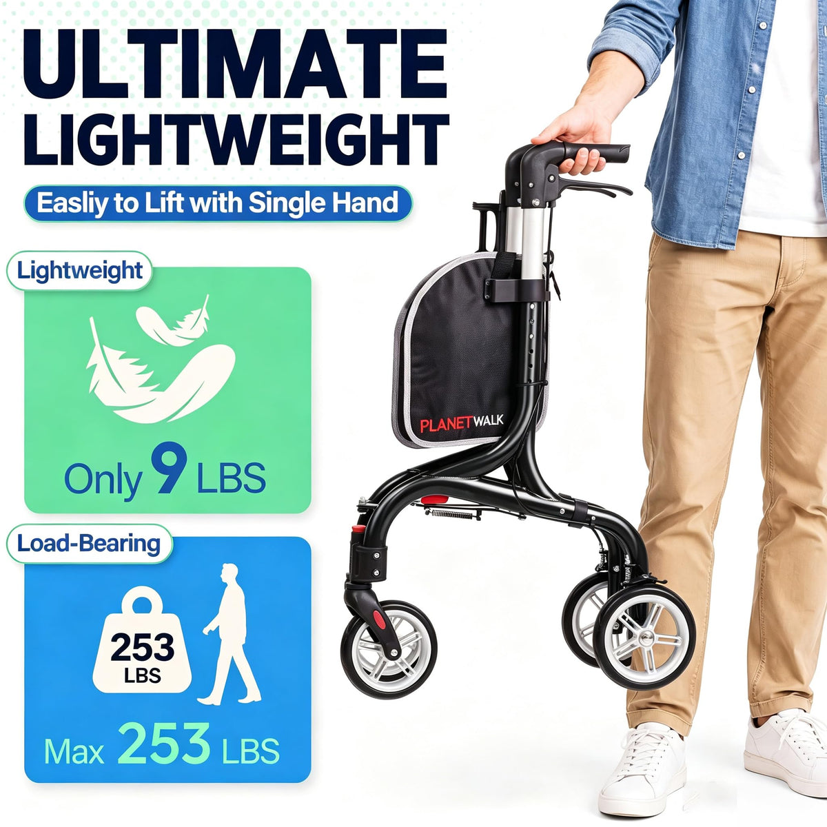 Super Lightweight 3 Wheel Foldable Aluminum Walker with Cup Holder, Black Y943