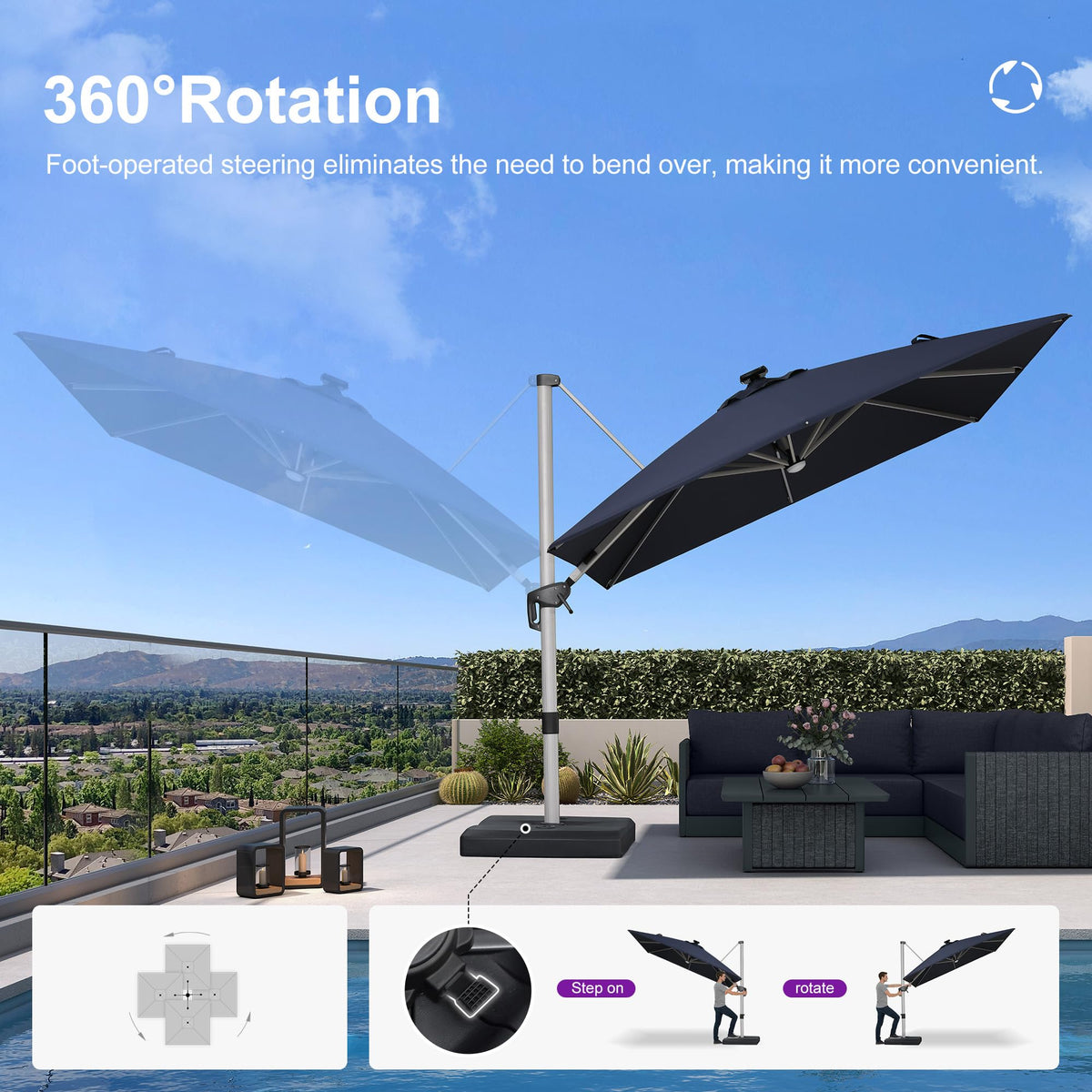 Navy Blue 10' X 10' Solar LED Patio Umbrella with Base V4869