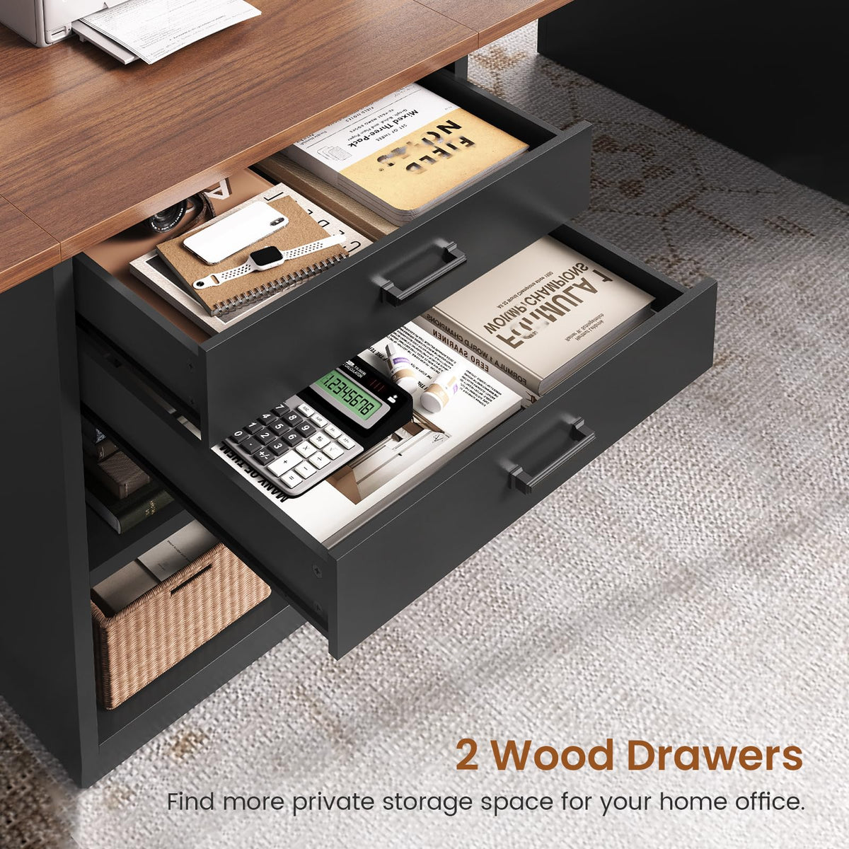 90.5" 2 Person Computer Desk with Storage Drawers Black R347555