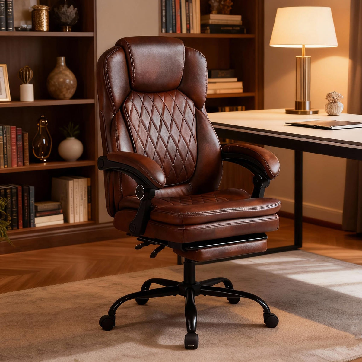 Big and Tall Brown PU Leather Reclining Office Chair with Foot Rest R556