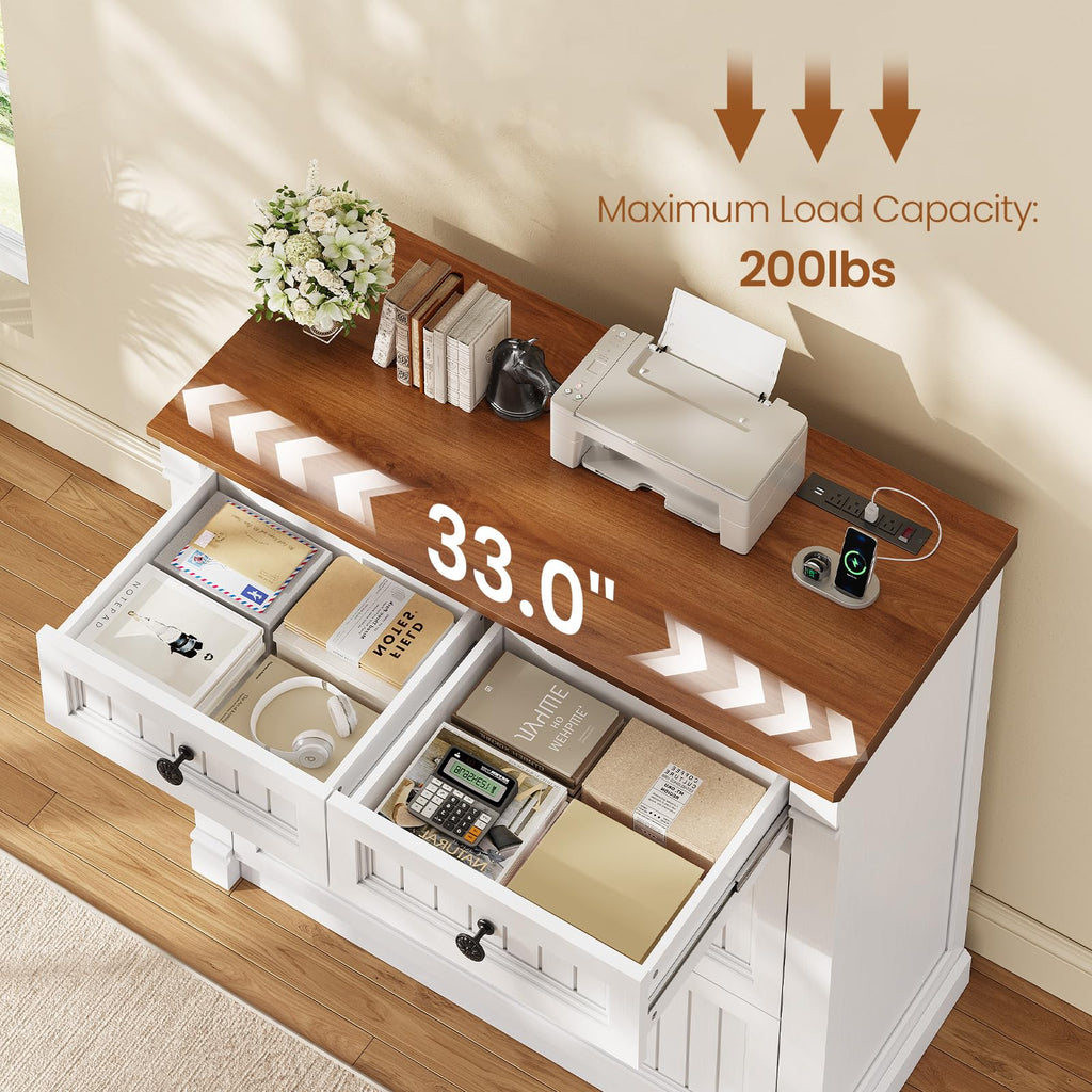 White Brown 4 Drawer Wood File Cabinet with Power Outlets D488