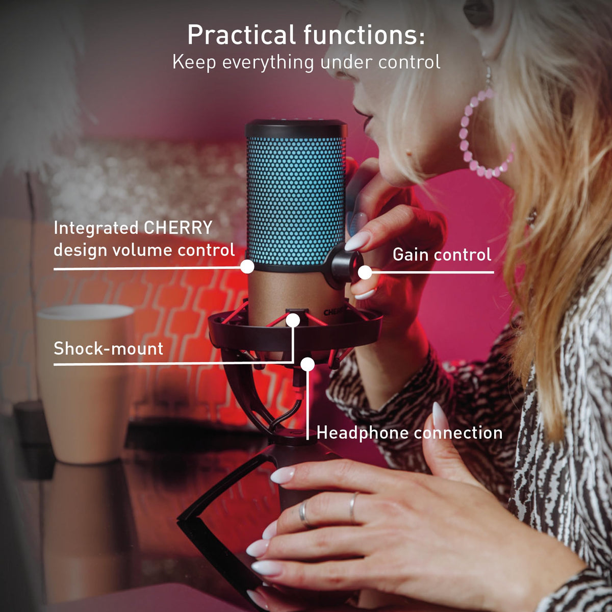 USB Microphone with RGB Lighting, 4 Polar Patterns, Black/Copper A343