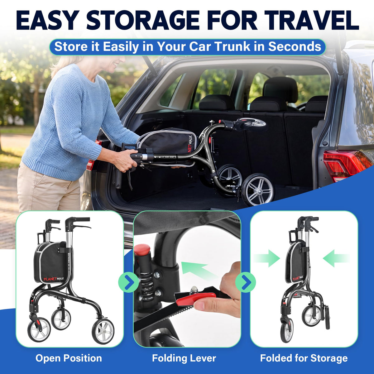 Super Lightweight 3 Wheel Foldable Aluminum Walker with Cup Holder, Black Y943