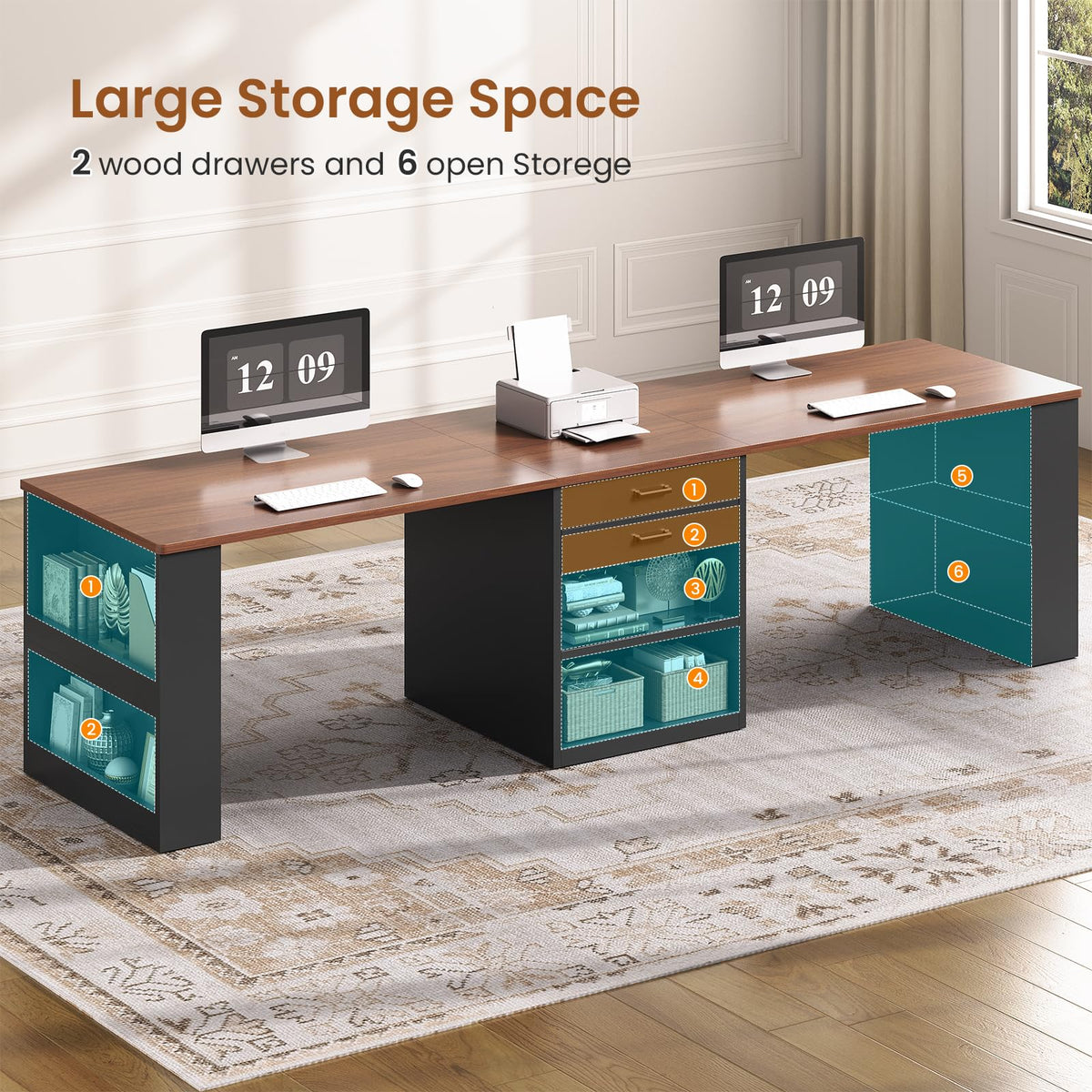 90.5" 2 Person Computer Desk with Storage Drawers Black R347555