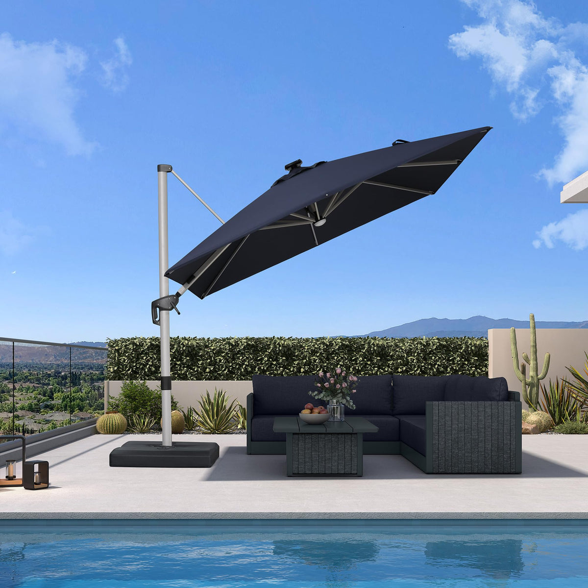Navy Blue 10' X 10' Solar LED Patio Umbrella with Base V4869