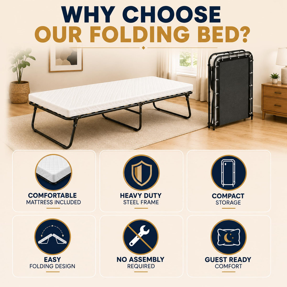 14″ High Folding Guest Bed with 3″ Memory Foam Mattress H9644