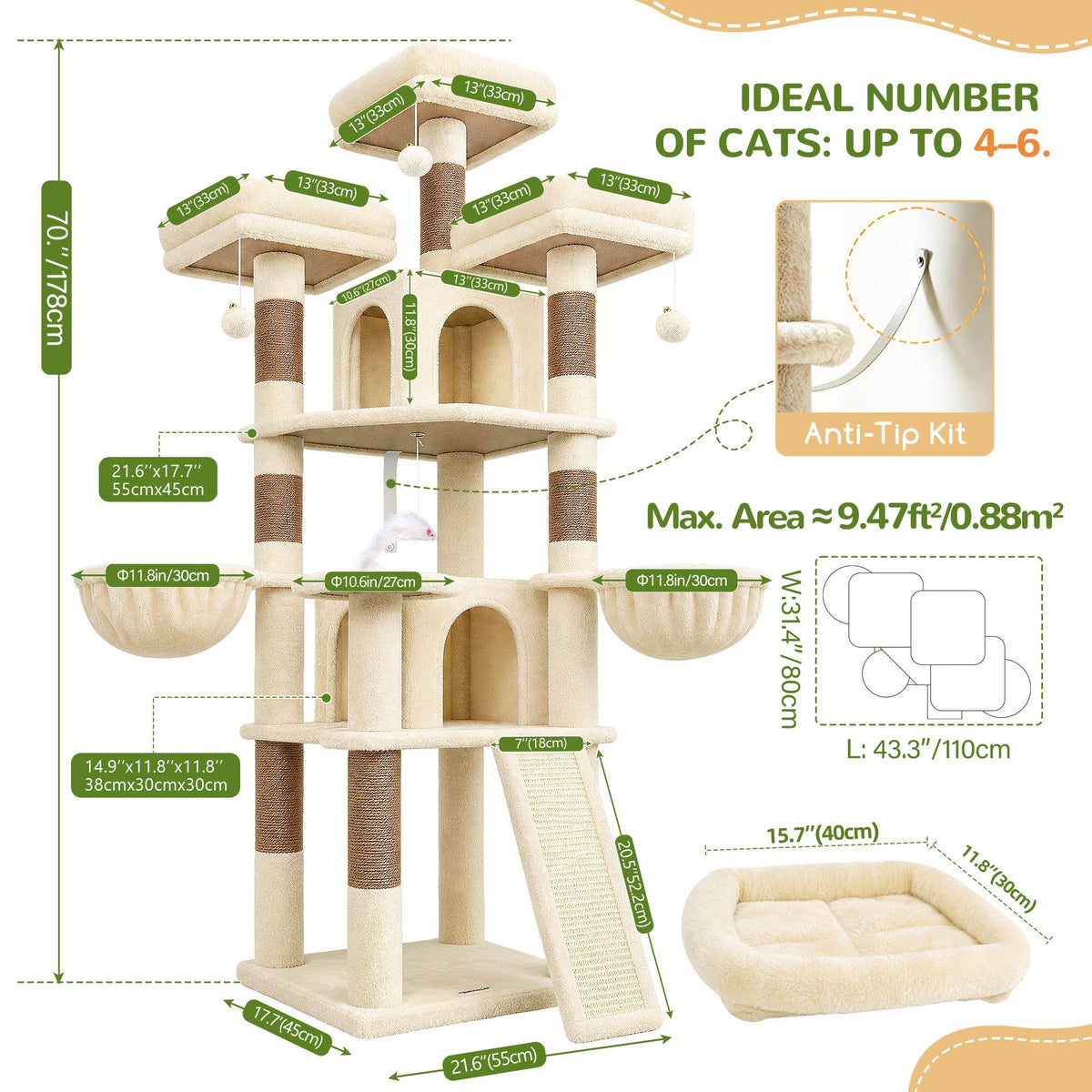 70 Inch Beige Cat Tower with Scratching Post D9414