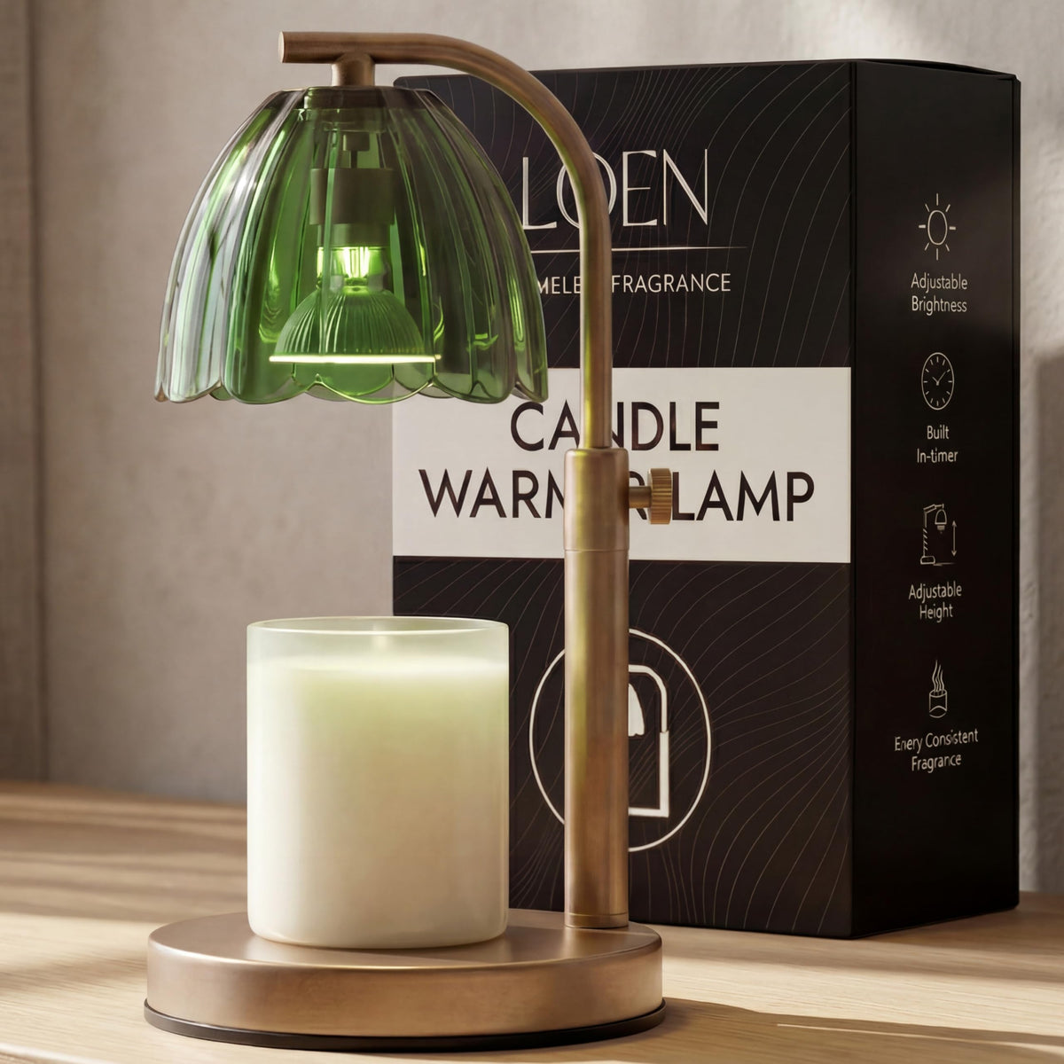 Scalloped Glass Candle Warmer Lamp with Timer, Dimmable, Adjustable Height, Gold Metal, Green N3758