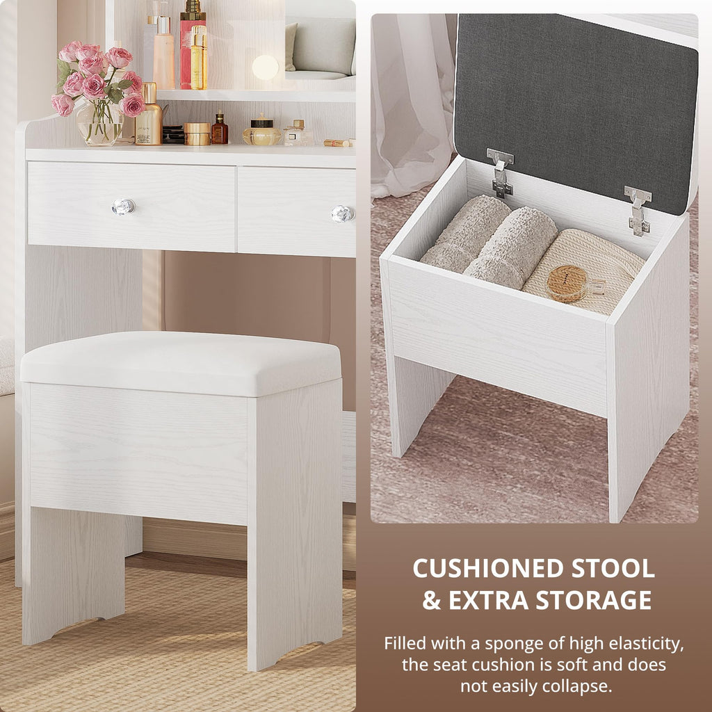 White Vanity Desk with Mirror Lights and Storage Stool D73318