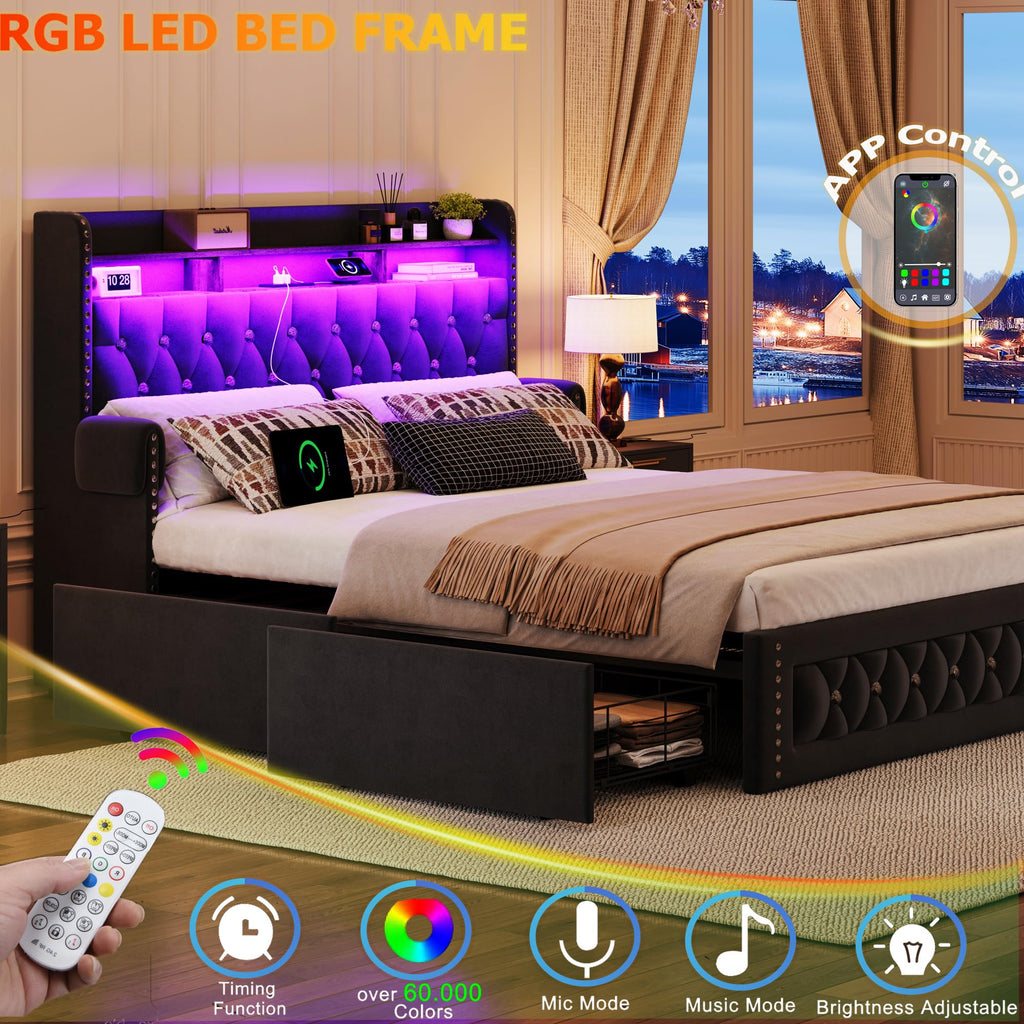 Queen Size Velvet Upholstered Platform Bed with 4 Storage Drawers K843114