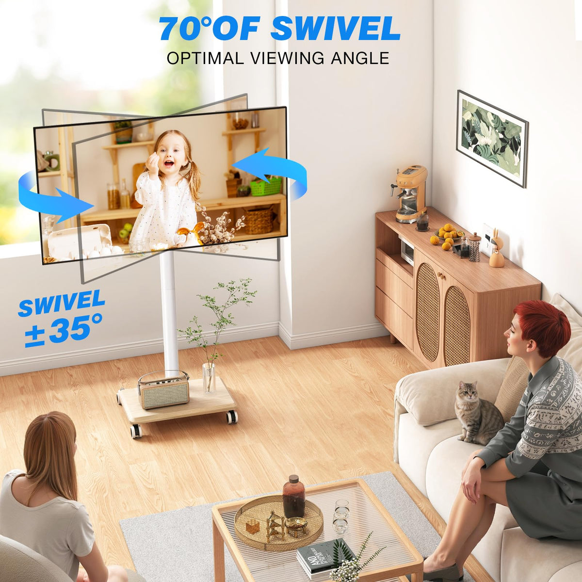 Rolling TV Stand for 32 to 60 Inch TV White Wood Base Z2430