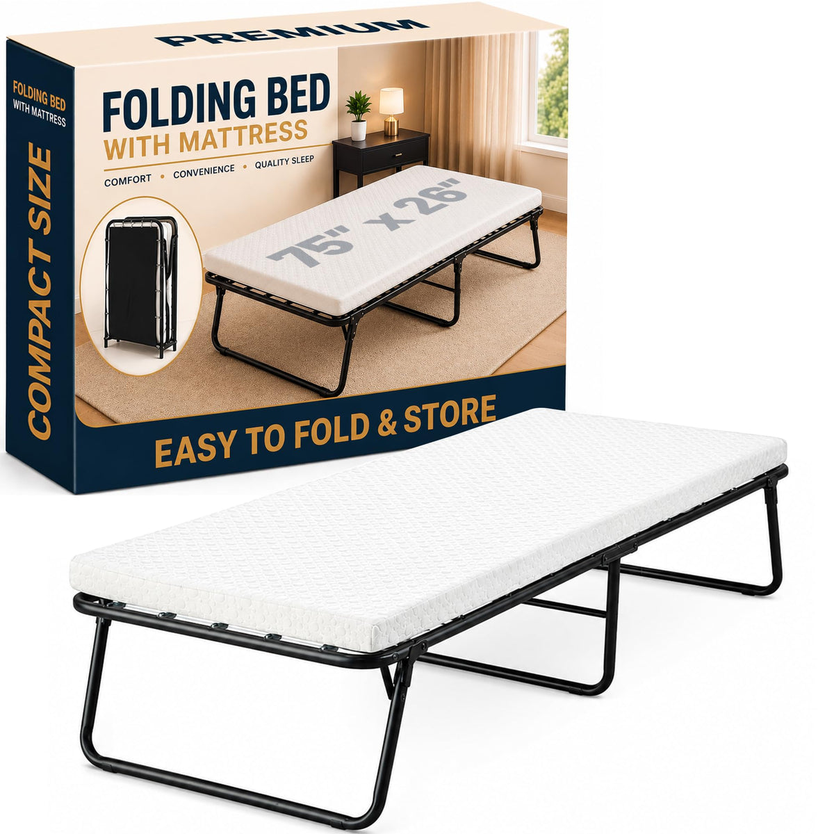 14″ High Folding Guest Bed with 3″ Memory Foam Mattress H9644