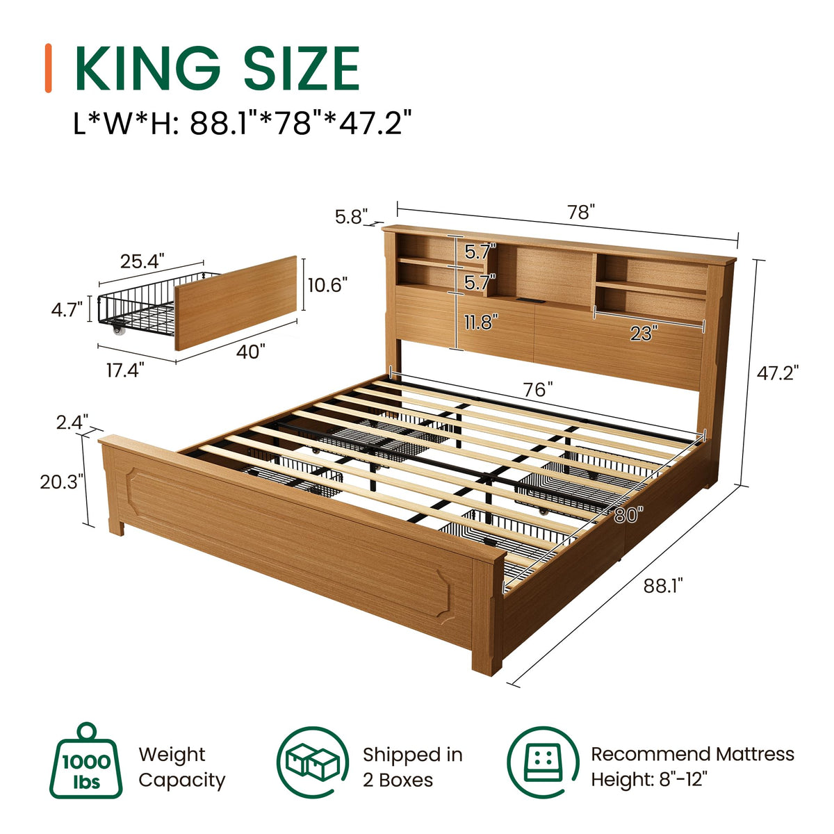 King Bed Frame with Headboard and Storage 4 Drawers Brown R341