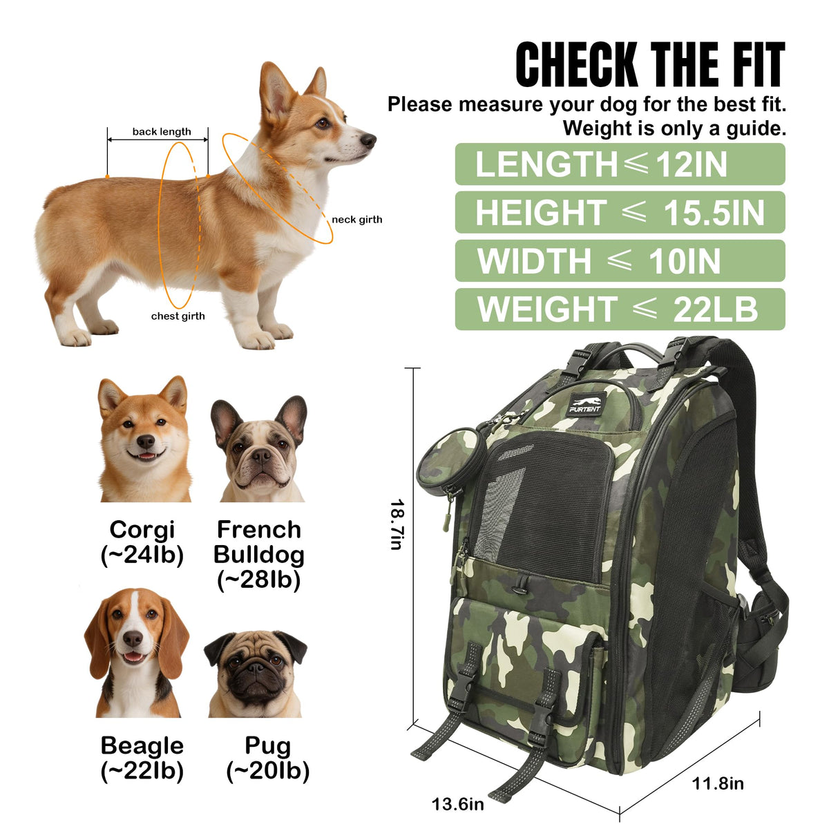 Dog Backpack Carrier Up to 20 lb Q665