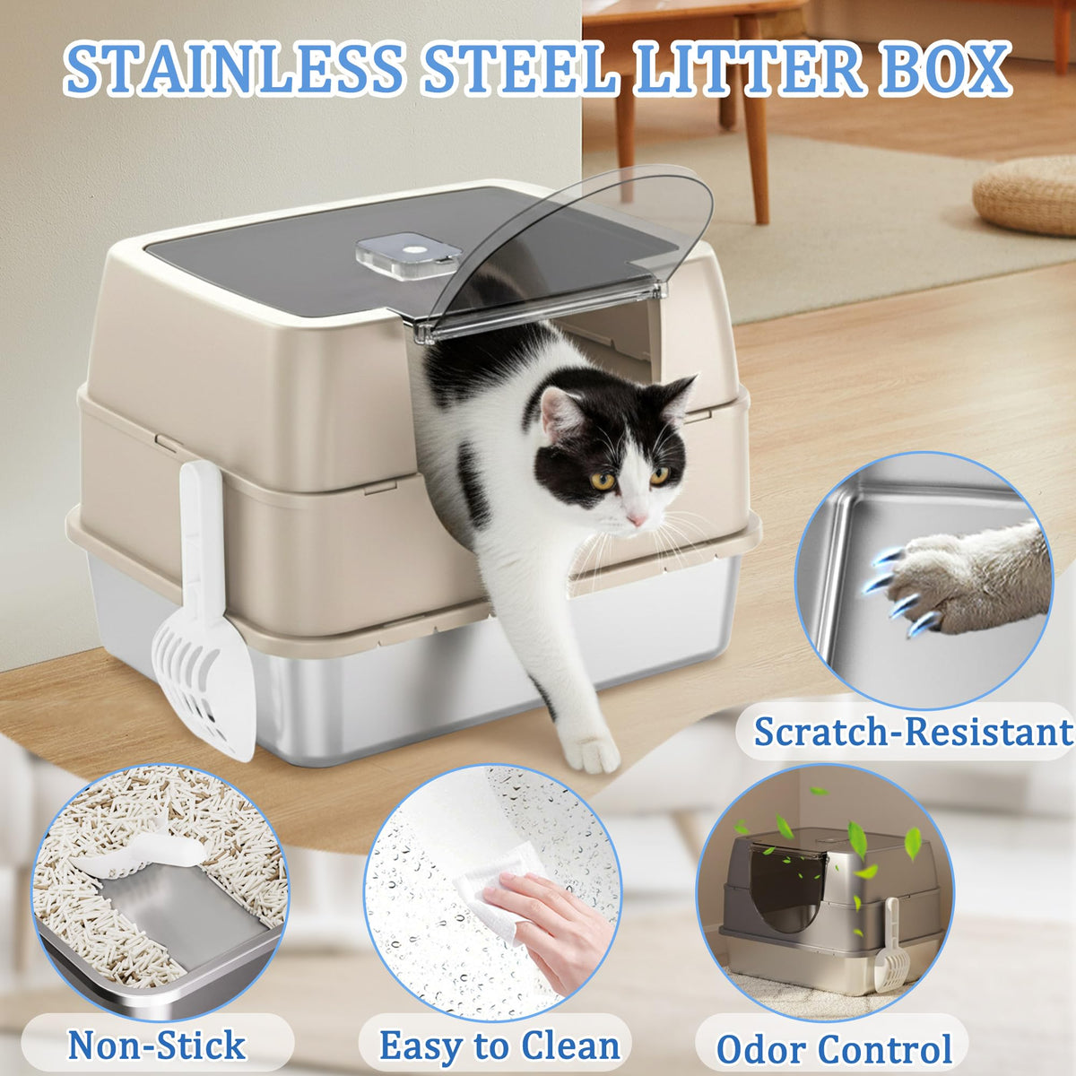Stainless Steel Enclosed Cat Litter Box with Scoop & Mat X9285