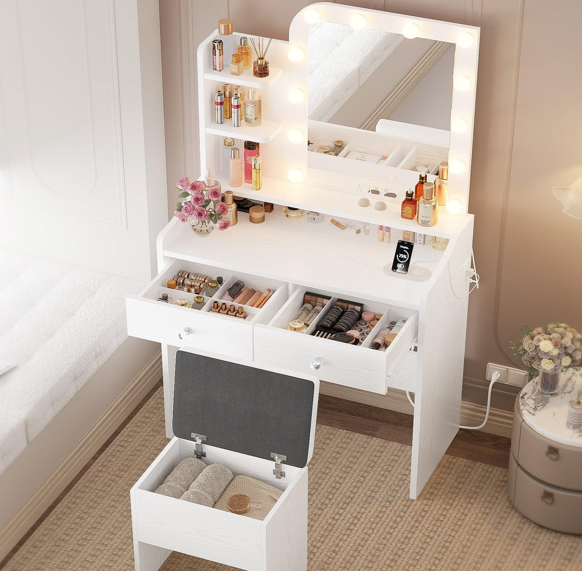 White Vanity Desk with Mirror Lights and Storage Stool D73318