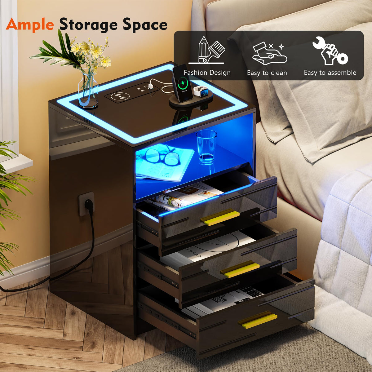 Black Glass Top 3 Drawer Nightstand with Wireless Charging C73953