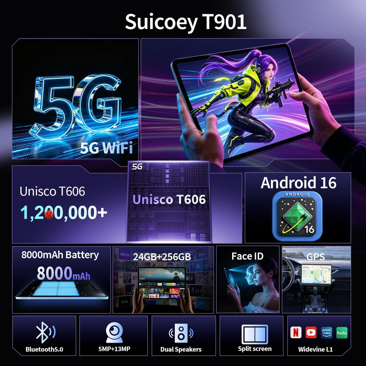 Android 16 Tablet 10 inch 32GB 256GB 2TB Expand Black G9564