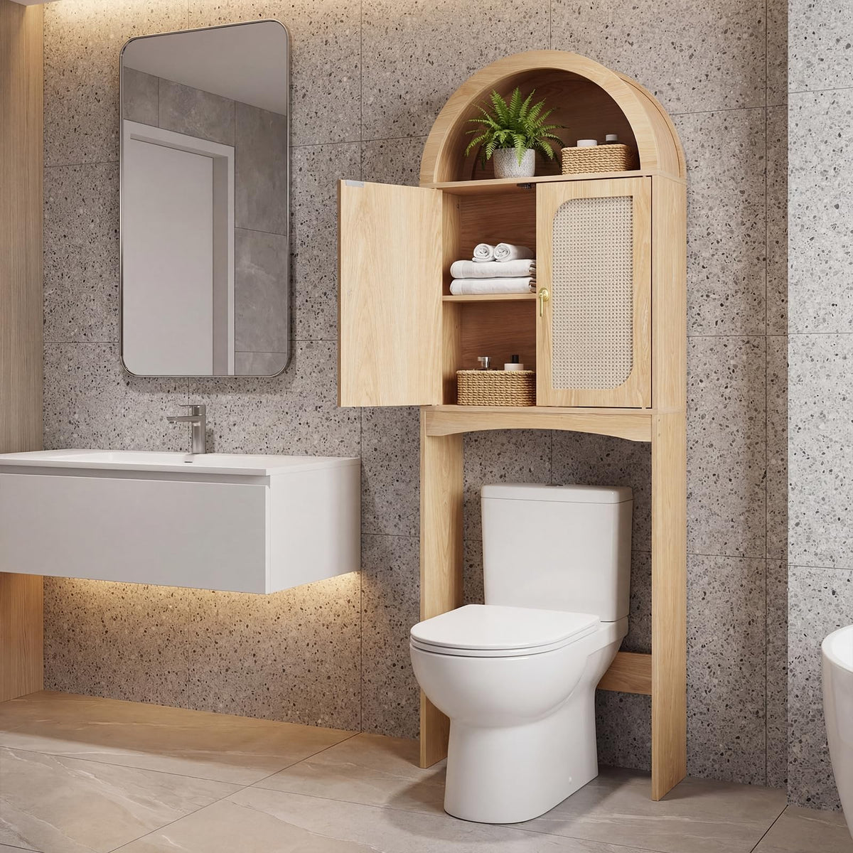 Arched Rattan Over the Toilet Storage Cabinet with Doors Y88286
