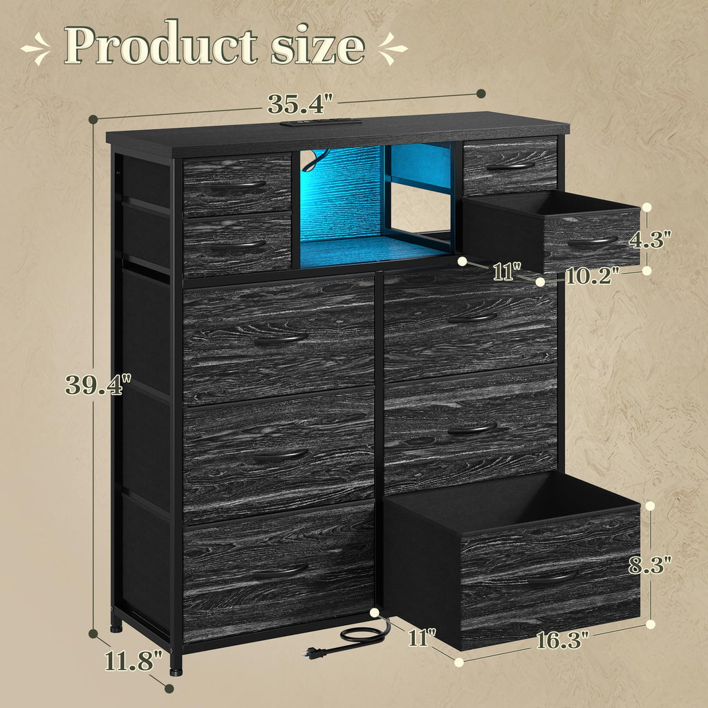 Black 10 Drawer Dresser with Charging Station F726
