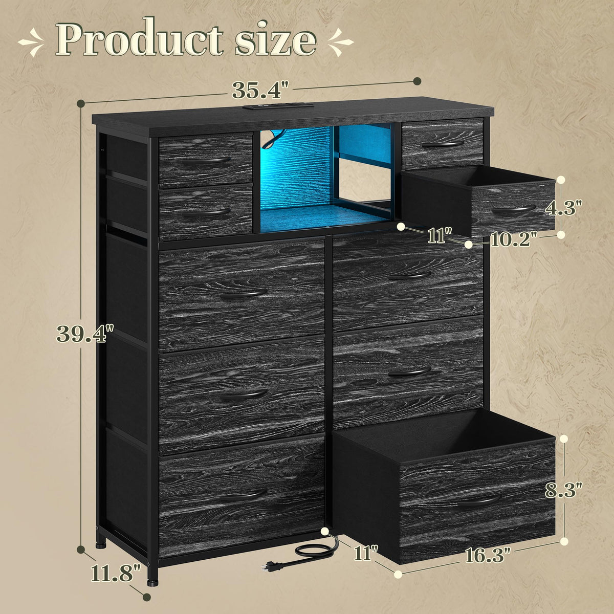 Black 10 Drawer Dresser with Charging Station F726