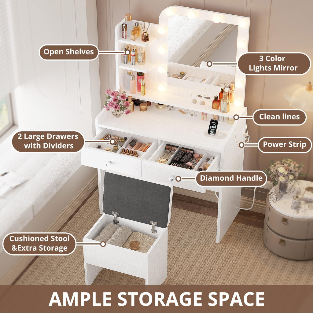 White Vanity Desk with Mirror Lights and Storage Stool D73318