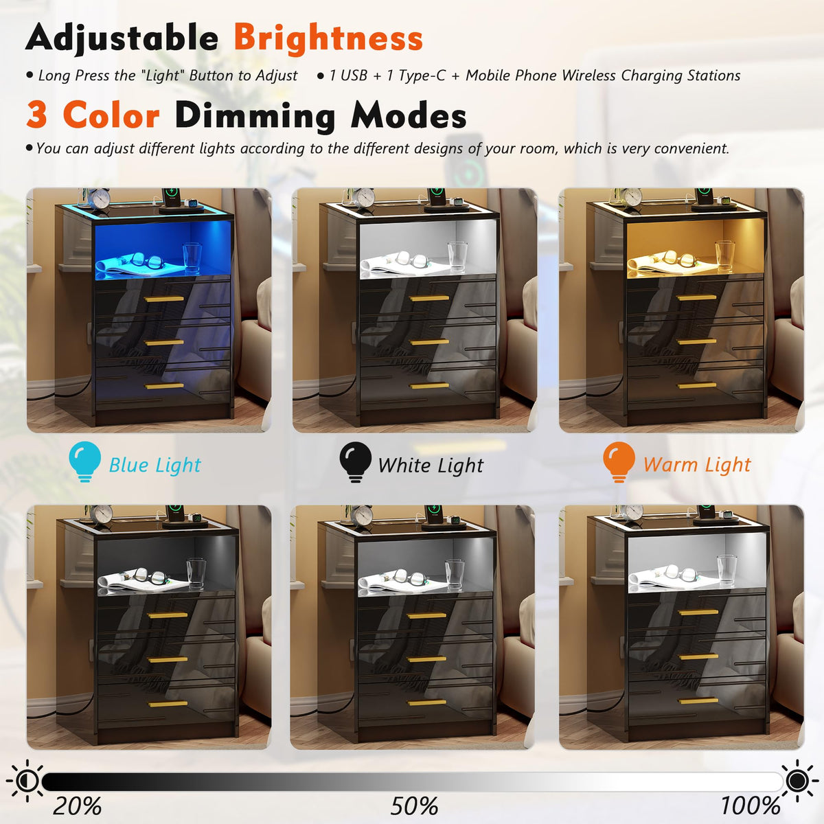 Black Glass Top 3 Drawer Nightstand with Wireless Charging C73953