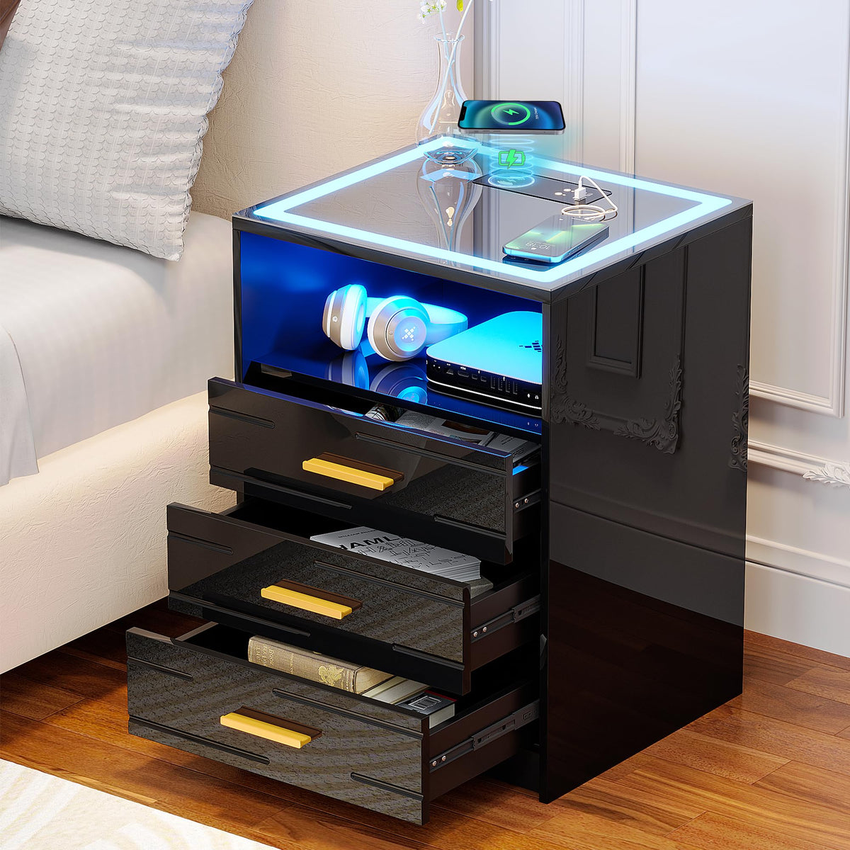 Black Glass Top 3 Drawer Nightstand with Wireless Charging C73953