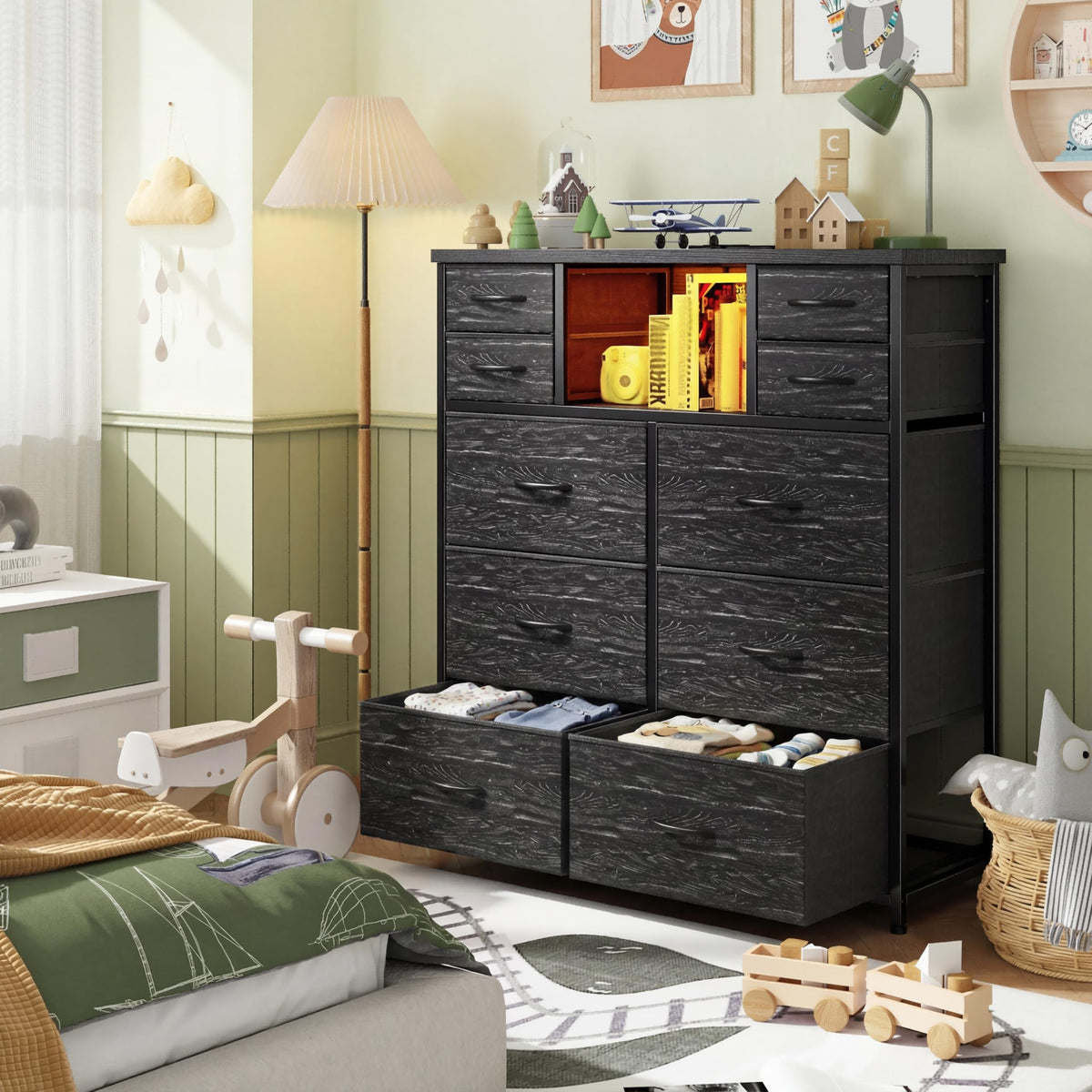 Black 10 Drawer Dresser with Charging Station F726