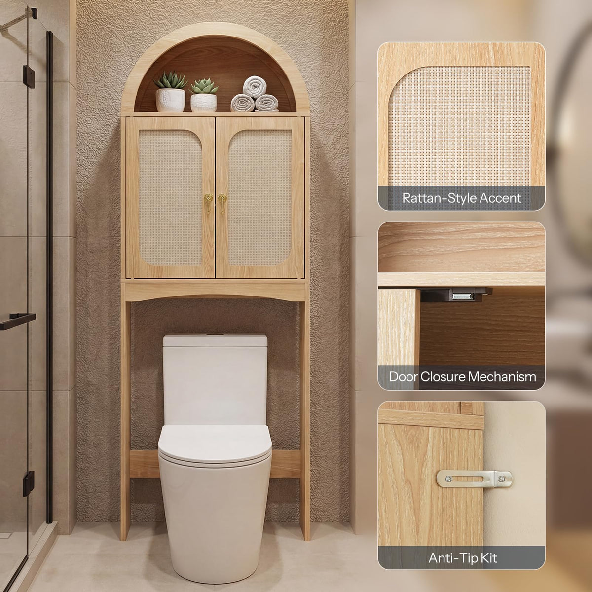 Arched Rattan Over the Toilet Storage Cabinet with Doors Y88286