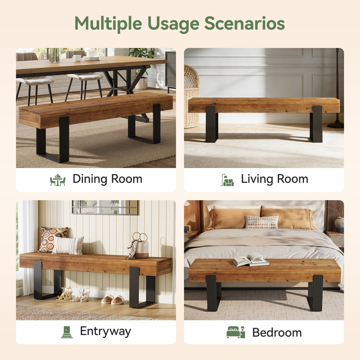 Solid Wooden Entryway Bench with Metal Legs T71925