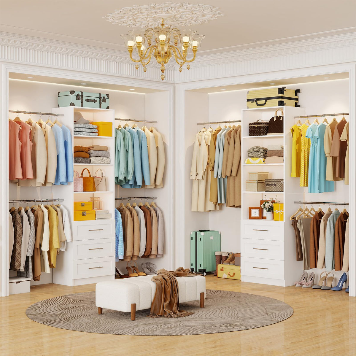 White Closet System with Drawers and Adjustable Shelves H717