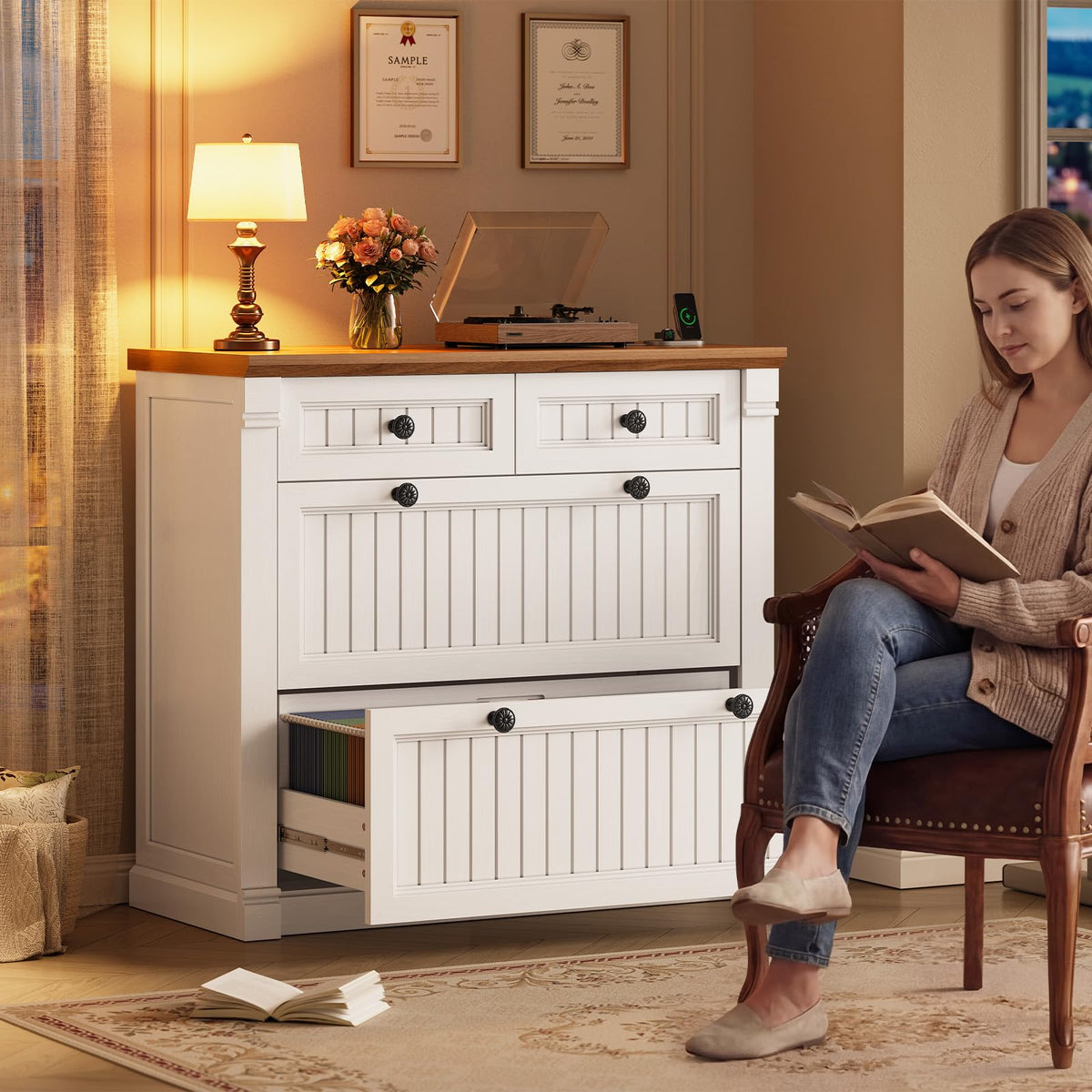 White Brown 4 Drawer Wood File Cabinet with Power Outlets D488