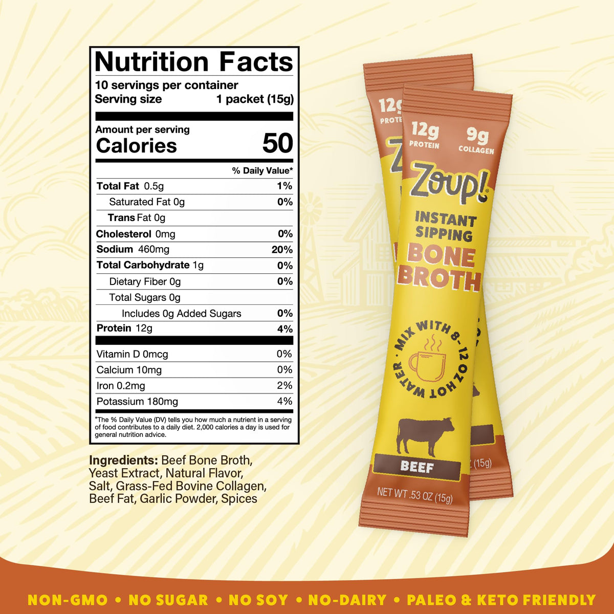 Instant Sipping Bone Broth Mix Beef 0.53 oz Pack of 30 U106