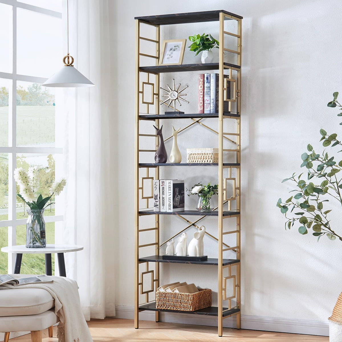 7-Tier Black Gold Metal Bookcase E485