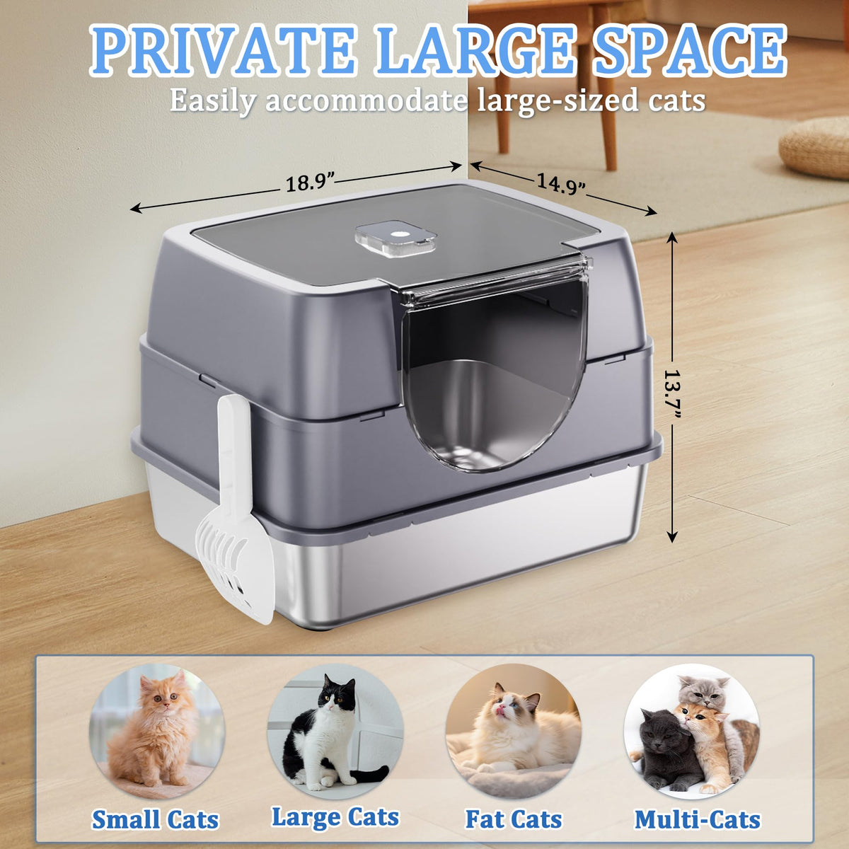 Stainless Steel Enclosed Cat Litter Box with Scoop & Mat X9285
