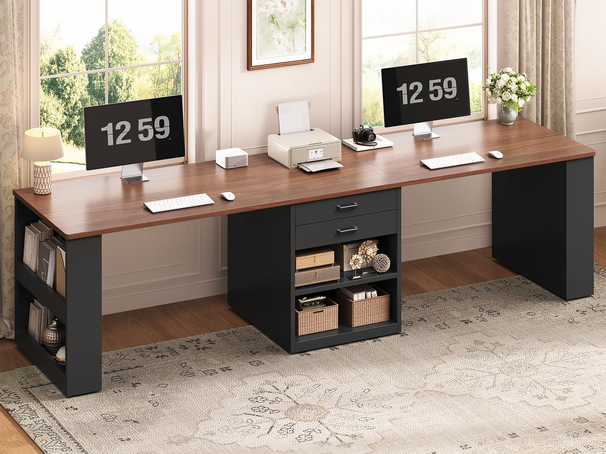 90.5" 2 Person Computer Desk with Storage Drawers Black R347555