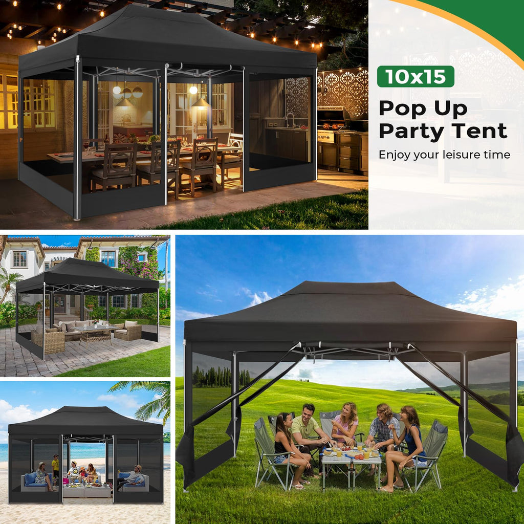 10x15 Heavy Duty Pop Up Canopy with 4 Mosquito Net Sidewalls, Black R1690