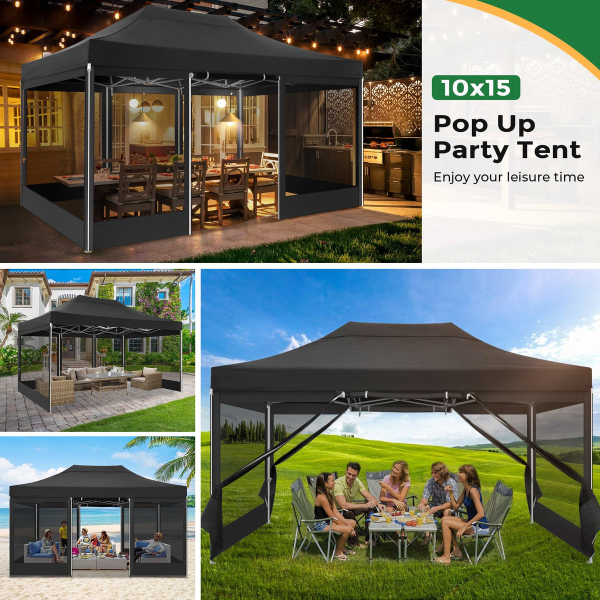 10x15 Heavy Duty Pop Up Canopy with 4 Mosquito Net Sidewalls, Black R1690