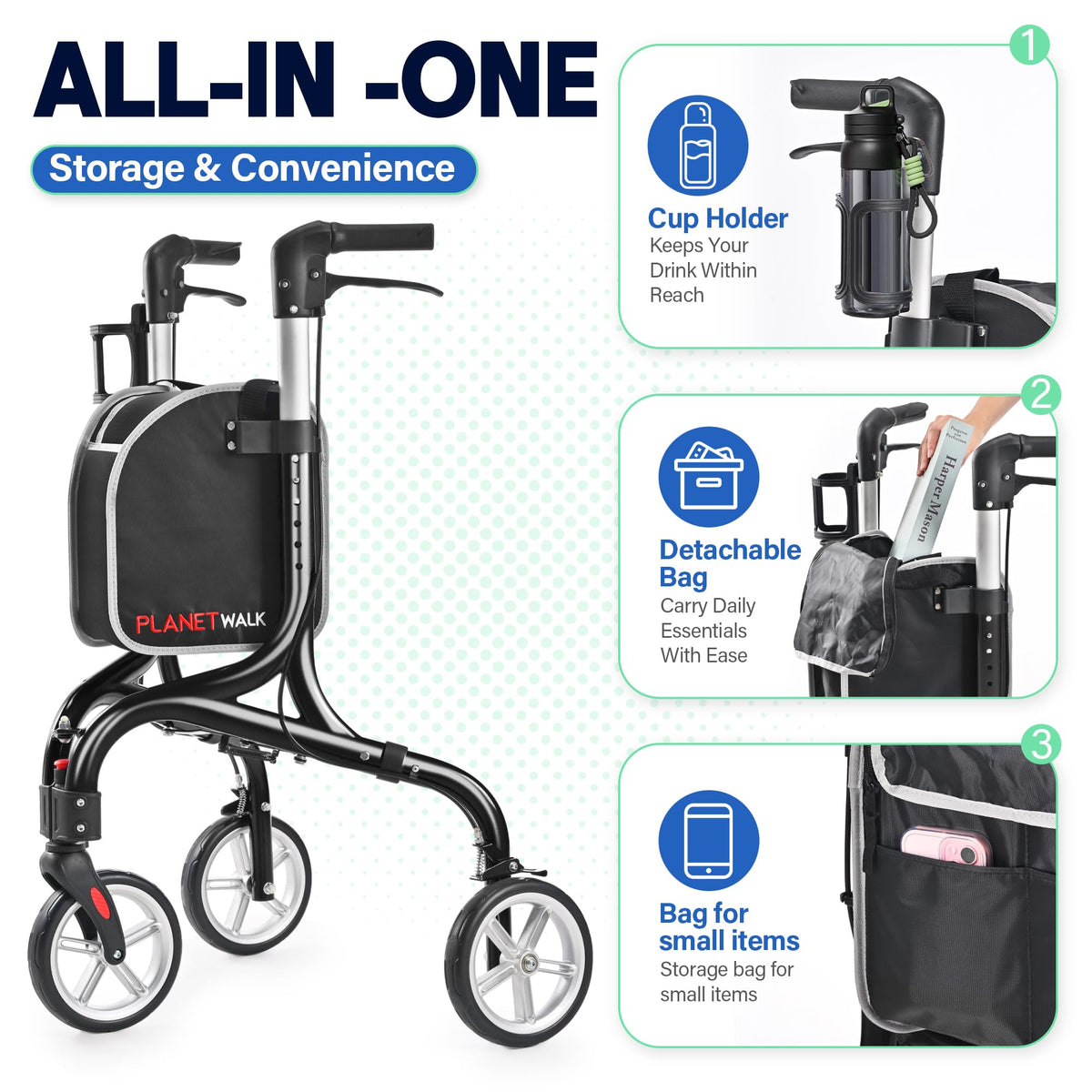 Super Lightweight 3 Wheel Foldable Aluminum Walker with Cup Holder, Black Y943
