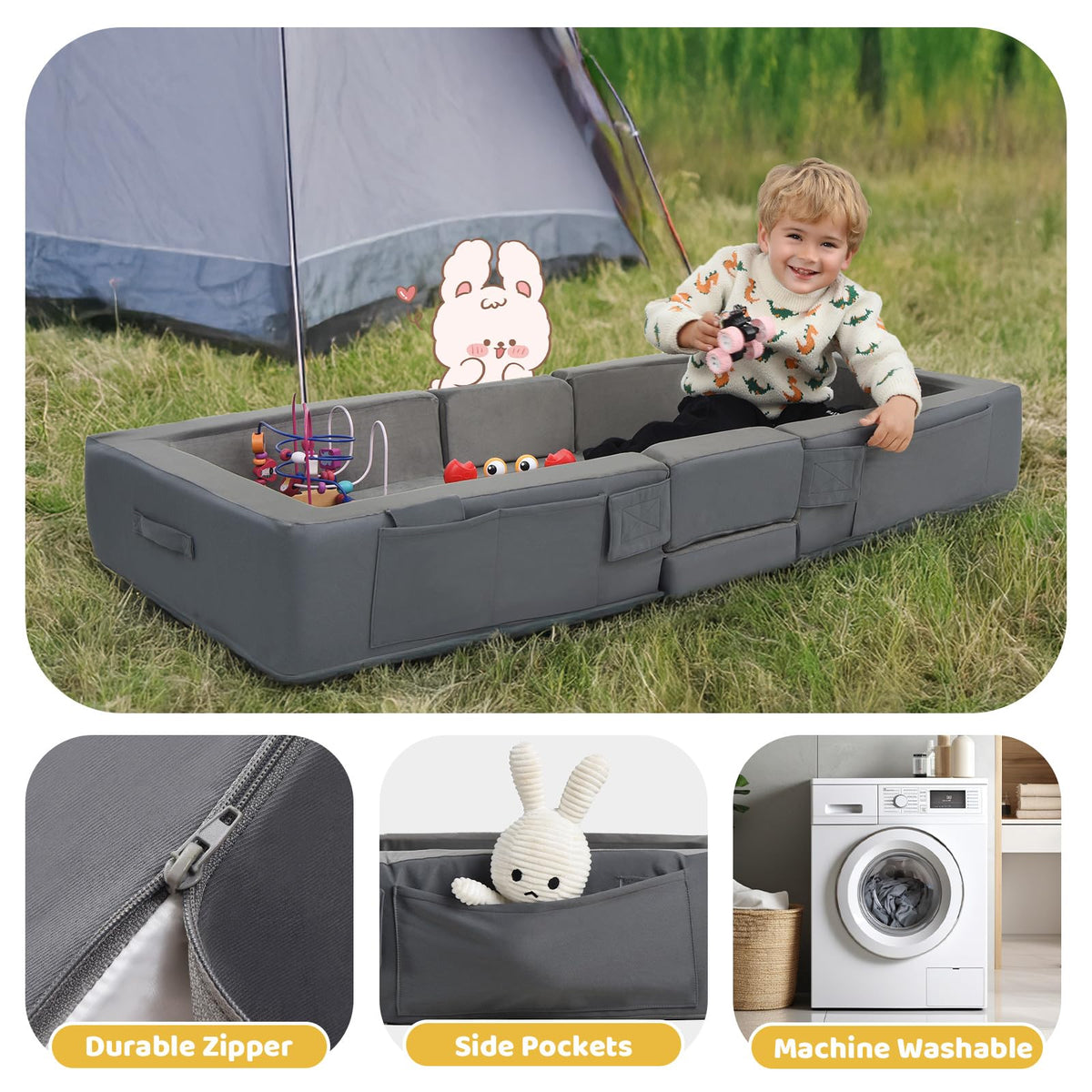 Portable Toddler Travel Bed with Soft Foam Safety Rails I496261